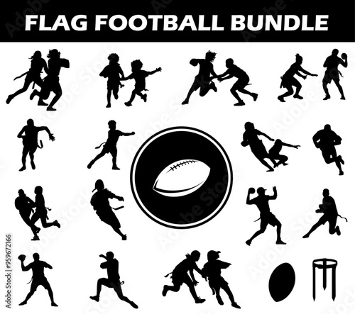 Flag Football Silhouette Bundle | Collection of Flag Football Players with Logo and Flag Football Equipment