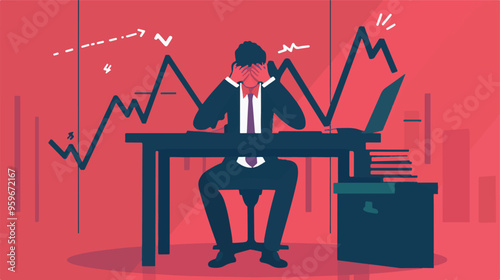 Failed stressed businessman lost money from stock trading in flat design. Negative profit investment concept. Bankruptcy.