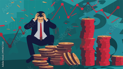 Failed stressed businessman lost money from stock trading in flat design. Negative profit investment concept. Bankruptcy.