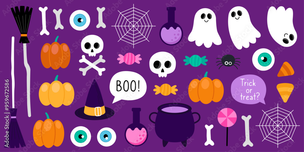 Collection of magical Halloween illustrations on dark purple background. Witch brooms, cauldron, hat. Pumpkins, skull, bones, candies, potion, web, spider, speech bubbles, eyes. Cute cartoon elements. Collection of magical Halloween illustrations on dark purple background. Witch brooms, cauldron, hat. Pumpkins, skull, bones, candies, potion, web, spider, speech bubbles, eyes. Cute cartoon elements.