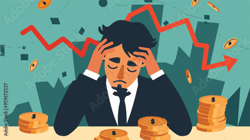 Failed stressed businessman lost money from stock trading in flat design. Negative profit investment concept. Bankruptcy.