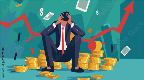 Failed stressed businessman lost money from stock trading in flat design. Negative profit investment concept. Bankruptcy.