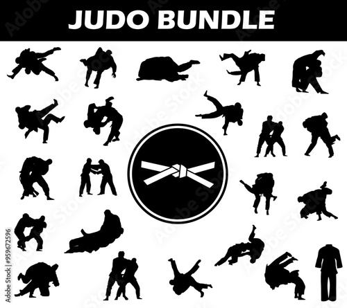 Judo Silhouette Bundle | Collection of Judo Players with Logo and Judo Equipment