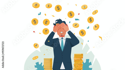 Failed stressed businessman lost money from stock trading in flat design. Negative profit investment concept. Bankruptcy.