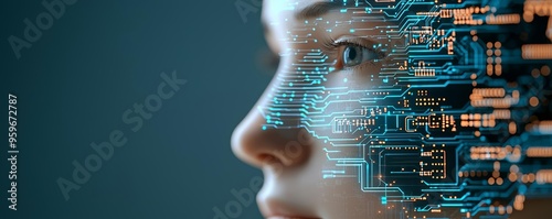 Digital AI face with LLM and circuitry, showcasing the integration of human-like intelligence and advanced technology