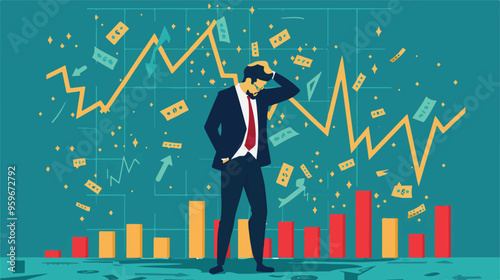 Failed stressed businessman lost money from stock trading in flat design. Negative profit investment concept. Bankruptcy.