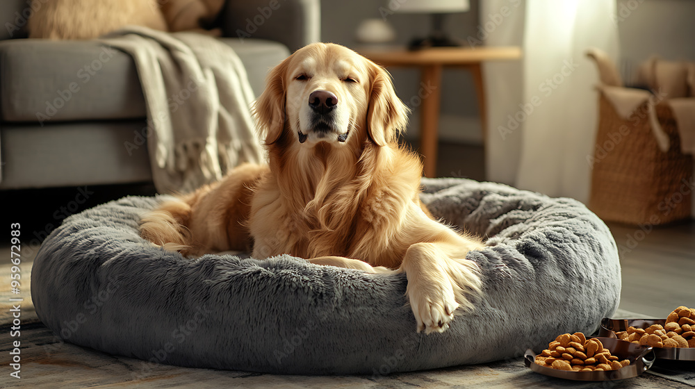 A Cozy RetreatGolden Retriever Relaxing in a WarmNurturing Home Environment Surrounded by Gourmet Dog Treats
