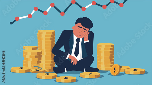 Failed stressed businessman lost money from stock trading in flat design. Negative profit investment concept. Bankruptcy.