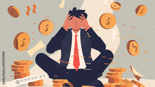 Failed stressed businessman lost money from stock trading in flat design. Negative profit investment concept. Bankruptcy.