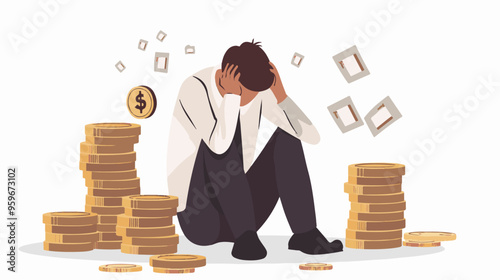 Failed stressed businessman lost money from stock trading in flat design. Negative profit investment concept. Bankruptcy.