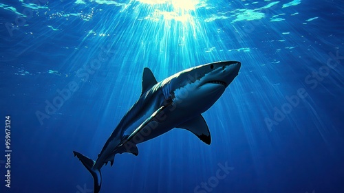 A majestic shark gliding through clear blue waters, with sunlight rays illuminating its powerful silhouette.