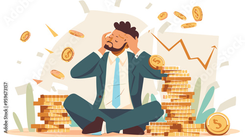 Failed stressed businessman lost money from stock trading in flat design. Negative profit investment concept. Bankruptcy.