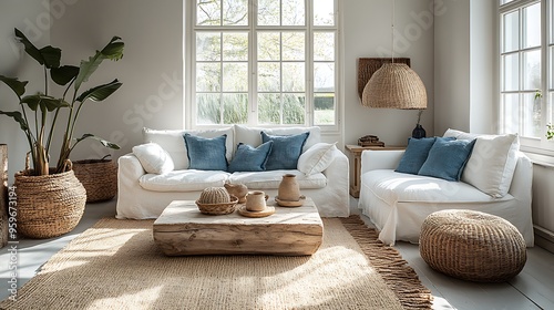 Breezy white coastal living room with white furniture, light blue cushions, a driftwood coffee table, and wicker baskets, sunlight filtering through the windows, creating a peaceful and airy vibe,