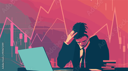 Failed stressed businessman lost money from stock trading in flat design. Negative profit investment concept. Bankruptcy.