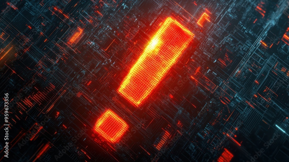 Fototapeta premium A vibrant red exclamation mark on a digital background, symbolizing alert, caution, and attention in technology and media.