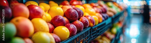 A vibrant display of fresh apples and fruits in a grocery store, showcasing the rich colors and textures of nature's bounty.