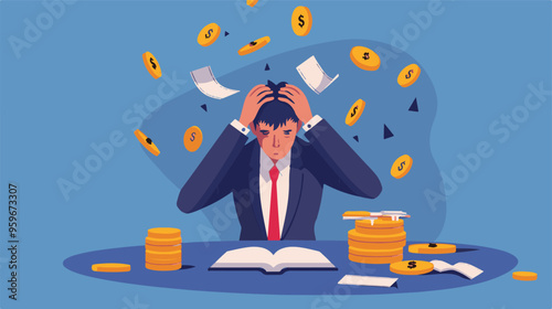 Failed stressed businessman lost money from stock trading in flat design. Negative profit investment concept. Bankruptcy.