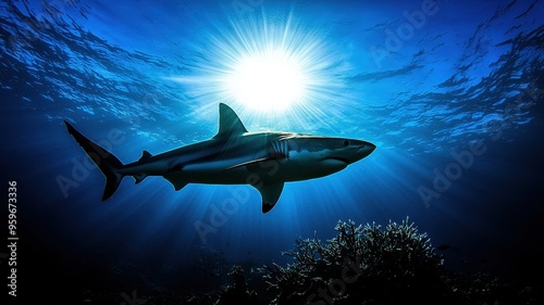 Wallpaper Mural A majestic shark gliding through the vibrant ocean, illuminated by sun rays, capturing the beauty of marine life. Torontodigital.ca