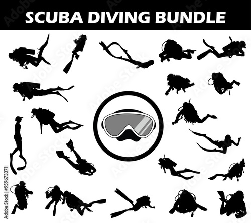 Scuba Silhouette Bundle | Collection of Scuba Players with Logo and Scuba Equipment