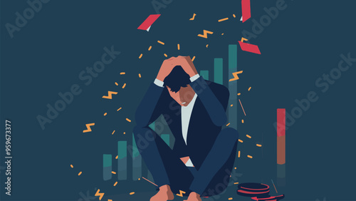 Failed stressed businessman lost money from stock trading in flat design. Negative profit investment concept. Bankruptcy.