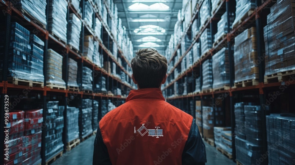 Warehouse Worker Walking Through Rows of Shelves with Products Warehouse Worker Walking Through Rows of Shelves with Products