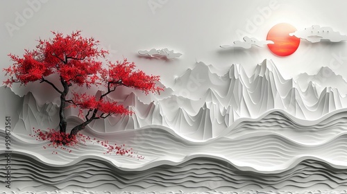Japanese Landscape Art with Brown Sea Pattern Vintage Style Banner Design