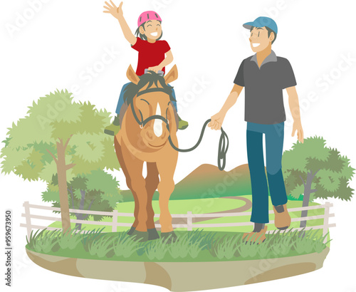 体験乗馬を楽しむ子供のイラスト