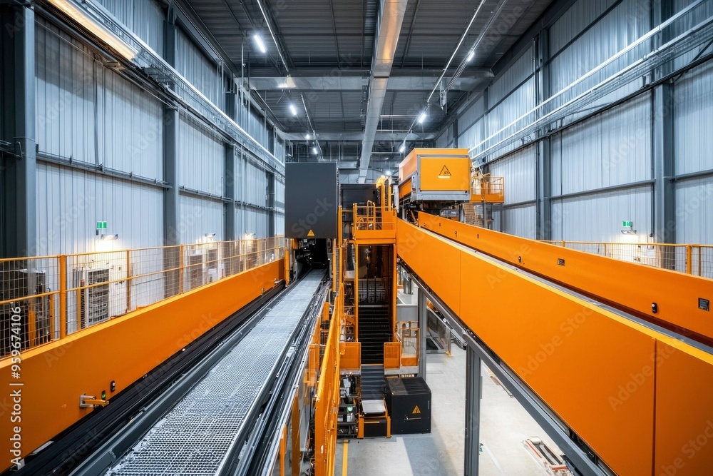 Industrial Conveyor System with Orange Safety Rails in a Factory Setting Industrial Conveyor System with Orange Safety Rails in a Factory Setting