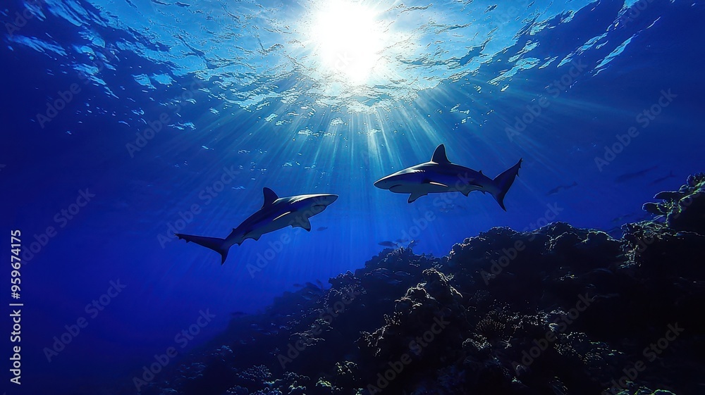 Obraz premium Two sharks glide gracefully through the crystal-clear ocean waters, illuminated by the sun's rays.