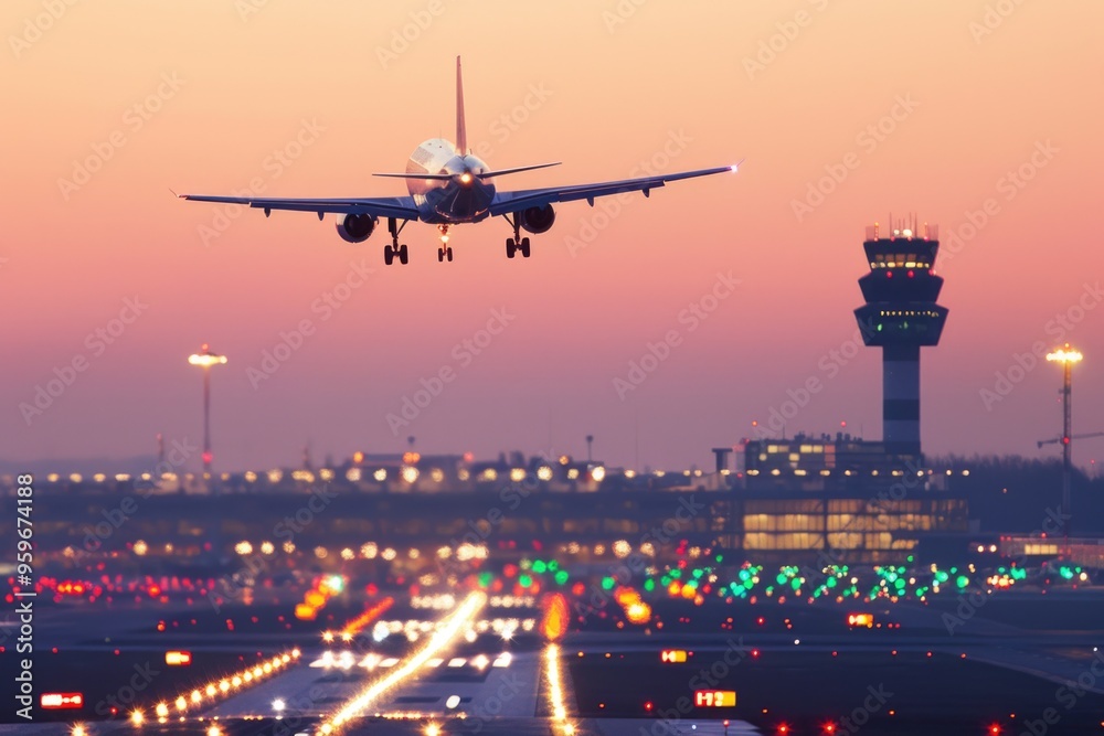 Airplane landing at dusk against a vibrant sunset with illuminated runway and control tower AI Airplane landing at dusk against a vibrant sunset with illuminated runway and control tower AI