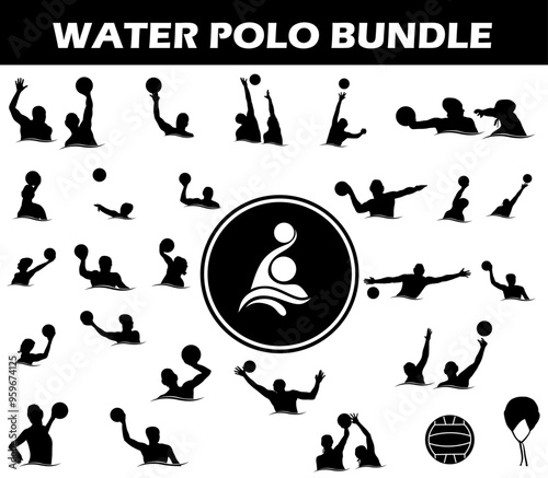 Water Polo Silhouette Bundle | Collection of Water Polo Players with Logo and Water Polo Equipment