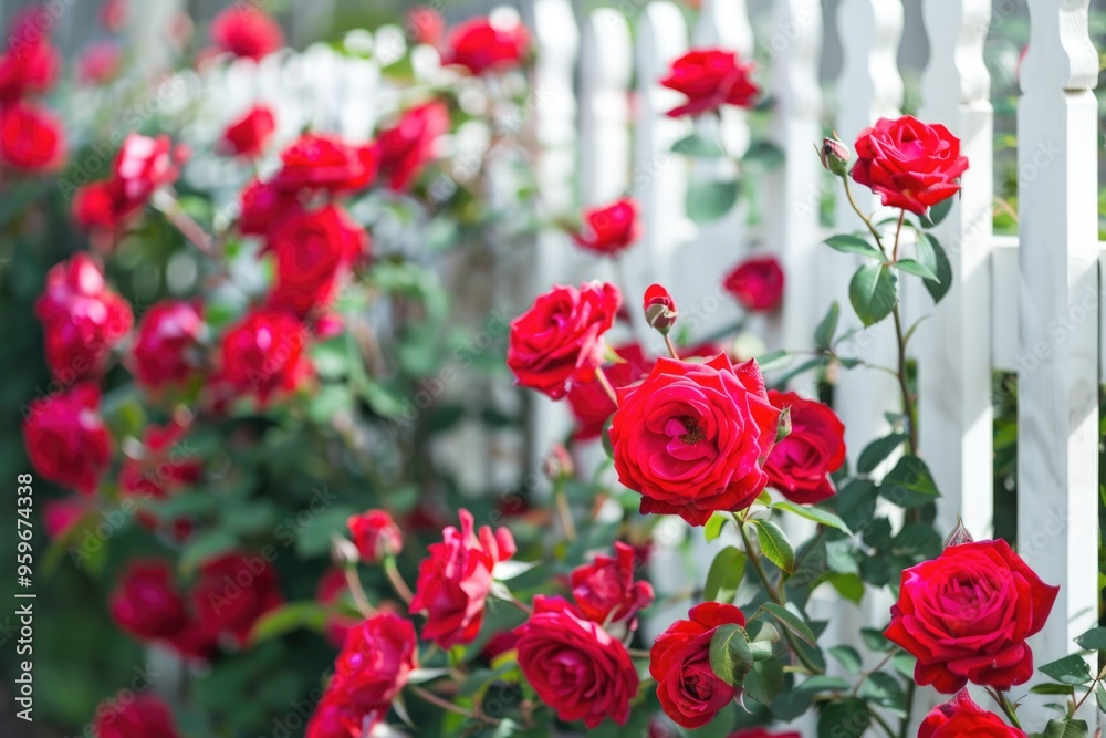 Blooming red roses in vibrant garden against white fence AI Blooming red roses in vibrant garden against white fence AI