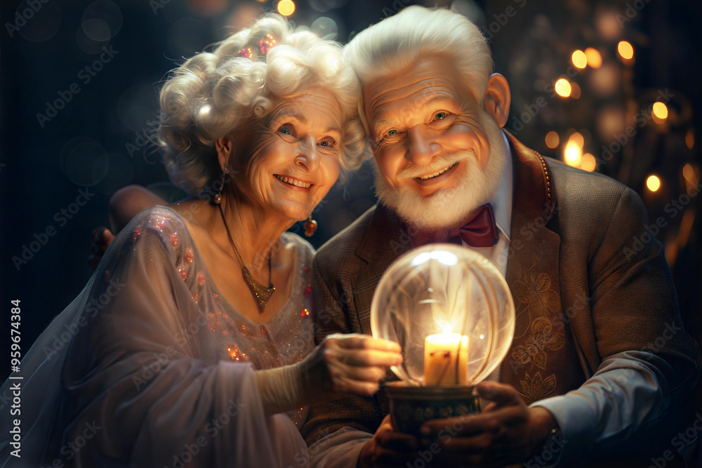 Elderly couple holding a glowing candle in a glass orb, smiling warmly. Elderly couple holding a glowing candle in a glass orb, smiling warmly.