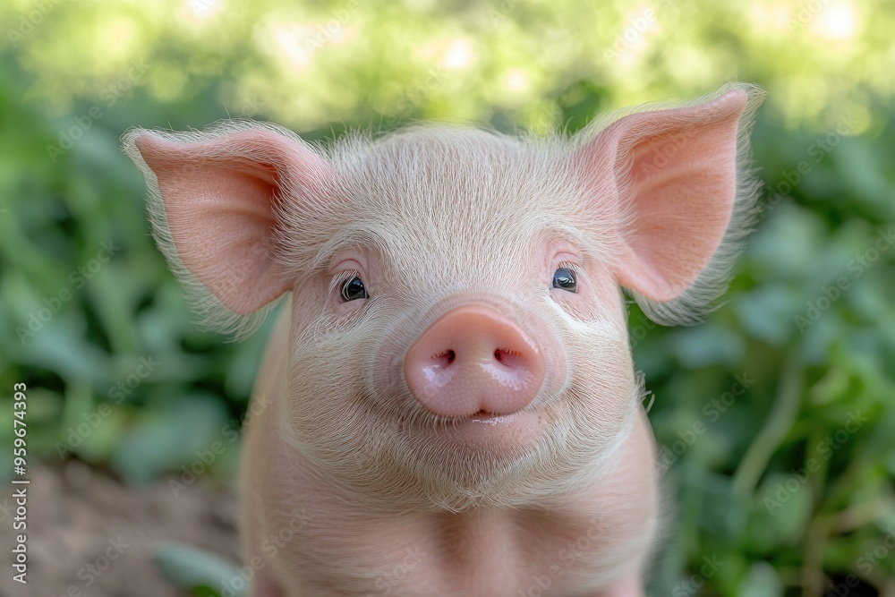 Adorable piglet posing on a farm with green background Adorable piglet posing on a farm with green background