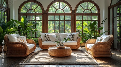 Coastal boho living room with a mix of rattan furniture, bohemian patterned pillows, and tropical greenery, large windows allowing sunlight to enhance the vibrant, eclectic vibe, hd quality,