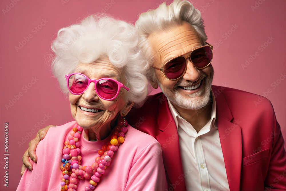 Obraz premium Elderly couple posing in stylish clothes and sunglasses on a pink background.