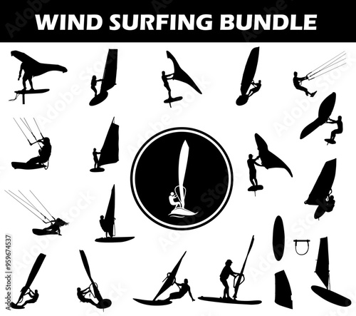 Wind Surfing Silhouette Bundle | Collection of Wind Surfing Players with Logo and Wind Surfing Equipment
