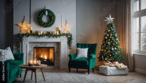 Stylish christmas living room interior with green sofa, white chimney, christmas tree and wreath, stars, gifts and decoration