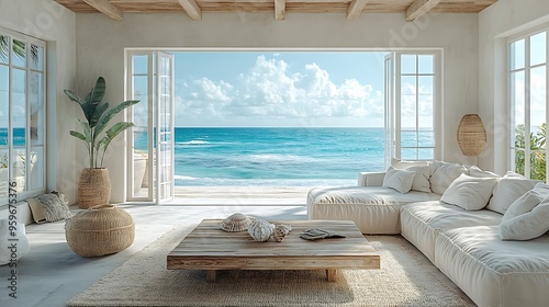 Coastal living room featuring soft pastel walls, a white-washed wood coffee table, and seashell decor, with large windows providing an unobstructed view of the serene ocean,