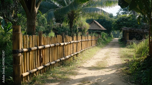 Bamboo fence bordering a dirt road leading to a village in asia photo