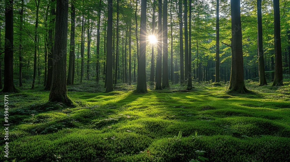 Obraz premium Sun shining through trees in green forest at sunset