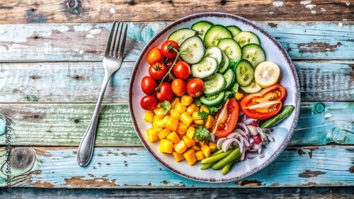 Plate of Freshly Cut Vegetables with a Fork on Rustic Wood photo