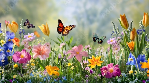 Colorful flowers in a field with butterflies flying around them.