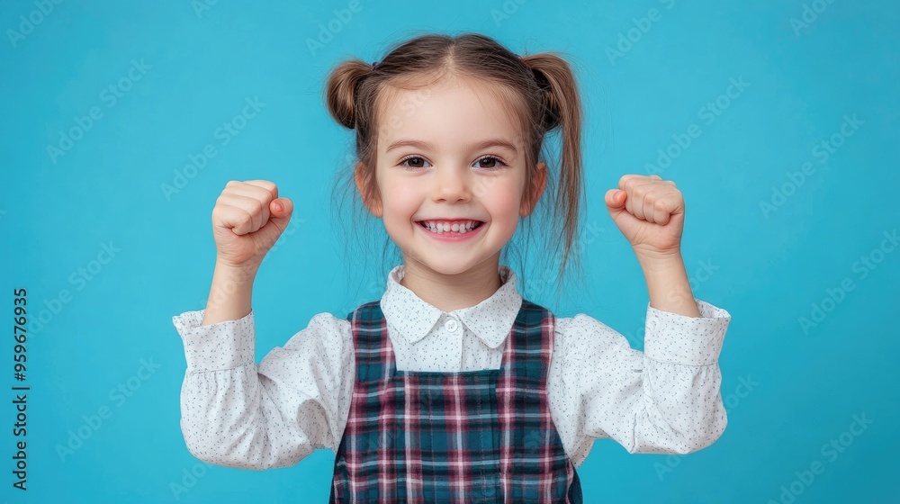 Cute little girl showing her strength raising her fists on blue background Cute little girl showing her strength raising her fists on blue background