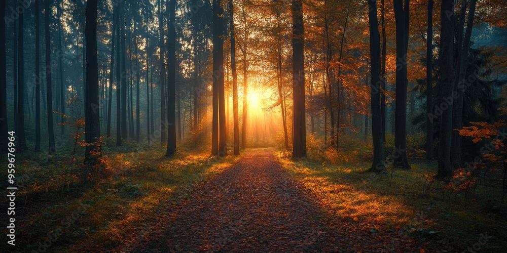 Naklejka premium Sun shining through foggy autumn forest with colorful trees