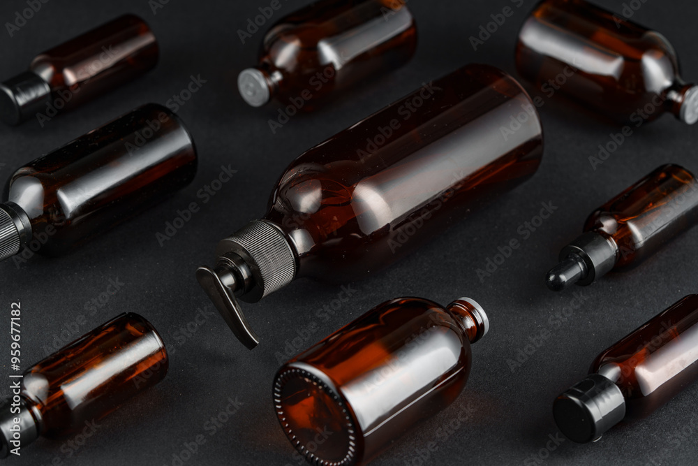 Various glass bottles arranged on a dark surface Various glass bottles arranged on a dark surface