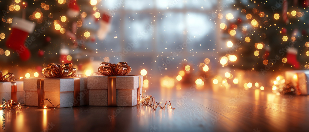 Christmas gifts display with glowing lights and festive decorations creates warm, joyful atmosphere. Christmas gifts display with glowing lights and festive decorations creates warm, joyful atmosphere.