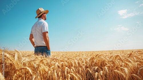 A diligent farmer examines fields of shimmering wheat beneath a bright azure sky, embodying the spirit of labor and cultivation.