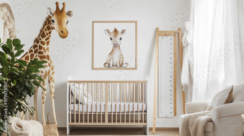 A stylish kids' room with a baby crib, a cute animal picture, and a wooden height chart. photo