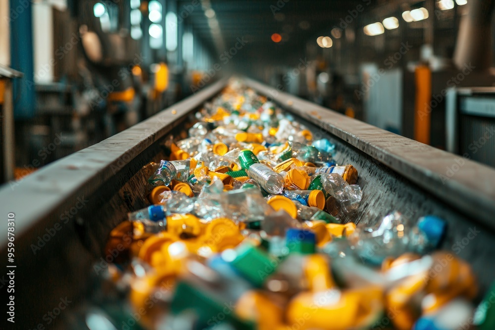 Conveyor Belt Filled With Plastic Bottles in a Recycling Facility Conveyor Belt Filled With Plastic Bottles in a Recycling Facility